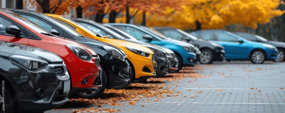 Cars parking in row on park autumn place