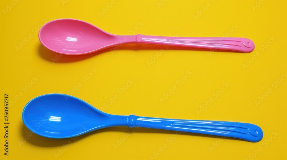 two plastic spoons sitting next to each other on a yellow and pink surface, one with a pink spoon and one with a blue spoon. two plastic spoons sitting next to each other on a yellow and pink surface, one with a pink spoon and one with a blue spoon.