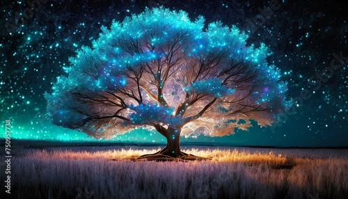 Fantazyjne, abstrakcyjne drzewo świecące neonowym, fluorescencyjnym światłem