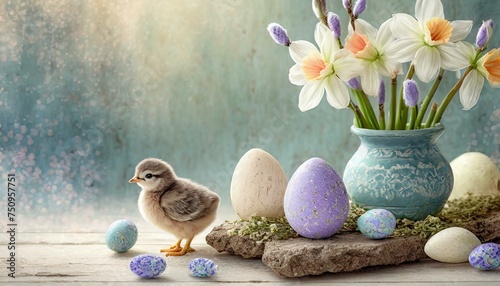  Wielkanocne tło z żonkilami, pisankami i kurczątkami © Monika