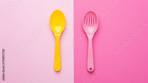 a pink and yellow spoon and a yellow spoon on a pink and pink background with a pink and white border.