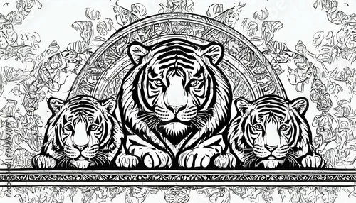 Obraz Czarno-biała tapeta, rysunek z tygrysami
