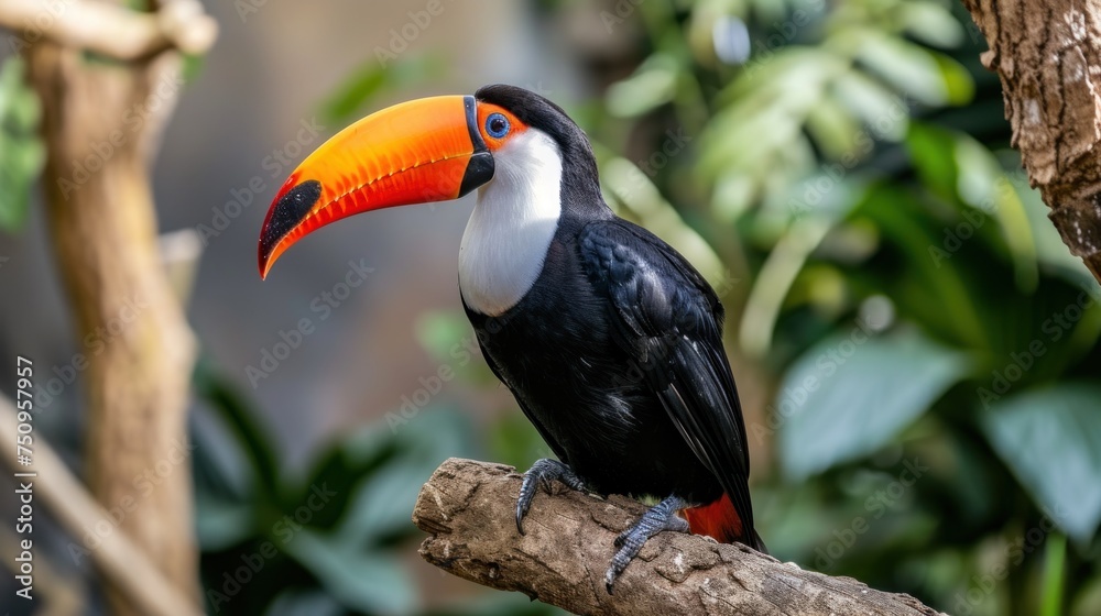 Naklejka premium a toucan sitting on a tree branch in a tropical setting with greenery and trees in the background.