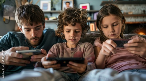 Whole family watching funny video on their smartphone at home. Father with kid sitting on sofa spending time together with gadget. Technology, leisure time lifestyle concept