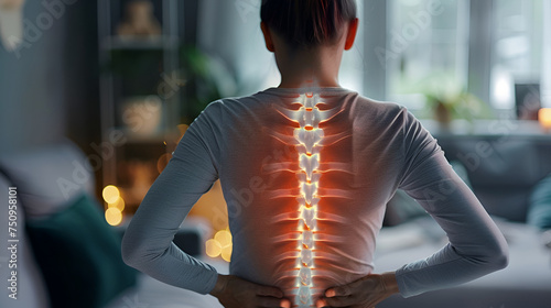Female with visualized spinal glow, indicating back issues, set against a home backdrop, emphasizing wellness.
