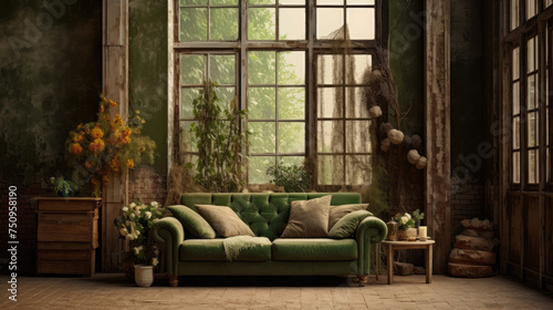 A rustic living room featuring textured walls in shades of green and brown © Textures & Patterns