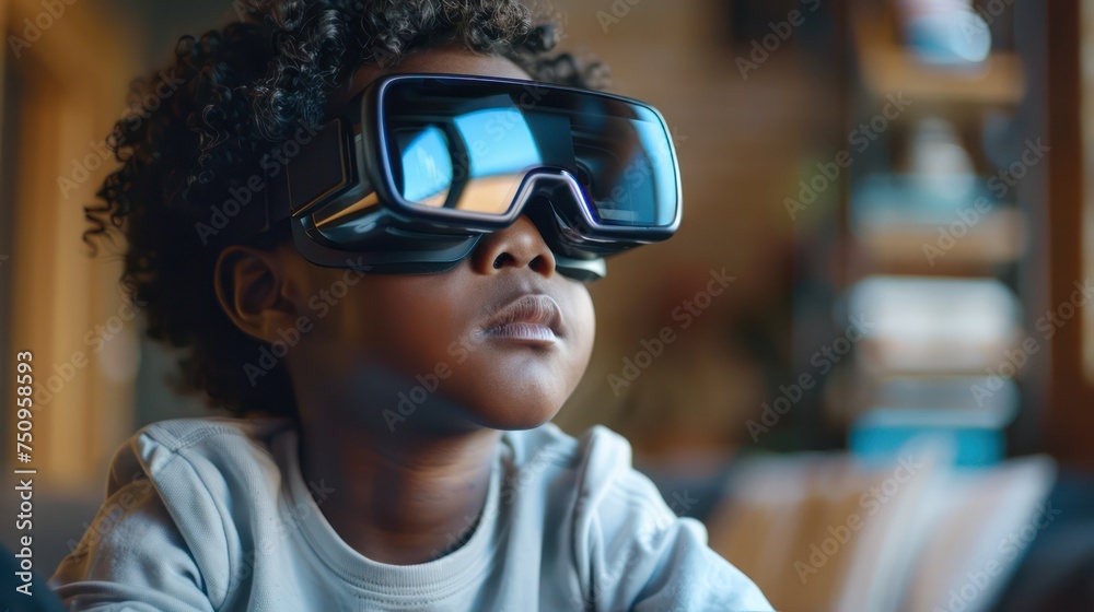 Virtual reality and holograms black kid learning minimalist tech education medium shot digital innovation Virtual reality and holograms black kid learning minimalist tech education medium shot digital innovation
