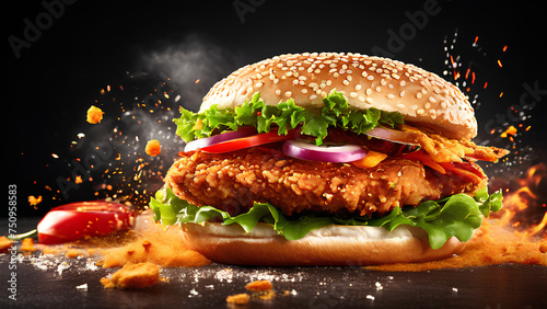 Fresh Sandwich Crispy Chicken Burger with flying ingredients