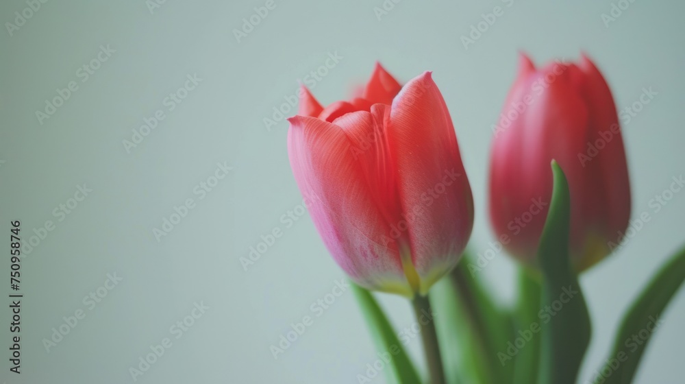 a close up of two pink tulips in a vase with a white wall in the backround.