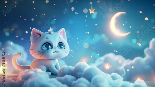 Cute cartoon animal, 3d art style, bokeh background. Stylized little kitty on the cloud. Moon and stars, sweet dreams, night concept. banner, backdrop. Cute character for kids, looped animation