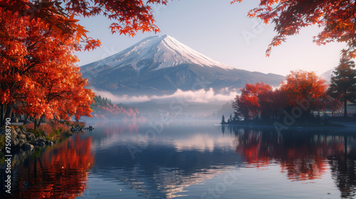 Colorful Autumn Season and Mountain Fuji with morning fog and red leaves at lake Kawaguchiko is one of the best places in Japan. © Matthew