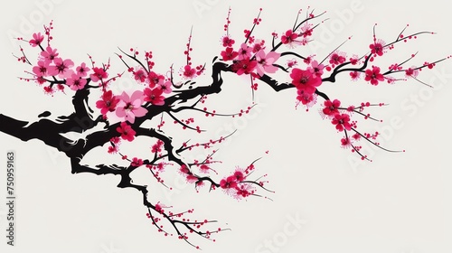 a painting of a tree with pink flowers on it's branches and a person sitting on a bench in front of it. photo