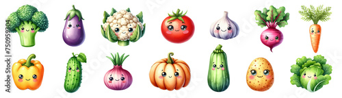 Cute watercolor vegetables. Funny character set. Happy vegetables illustration. Generative AI.									
