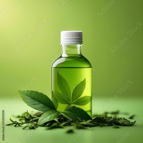 Aromatic Green Tea Leaves and Bottle Showcase Eco-friendly Drink Choice