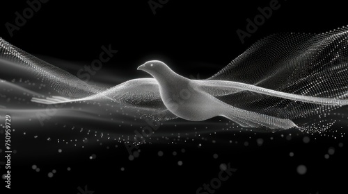 a black and white photo of a bird flying in the air with white smoke coming out of it's wings. photo