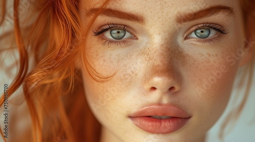 a close up of a woman's face with freckled hair and freckled freckled eyes.