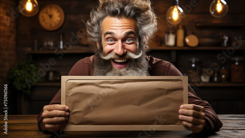 timeless wisdom: an elderly man with blue eyes and a gray beard holds a blank piece of paper, framed by the warmth of a cozy living room, ready for your mockup needs