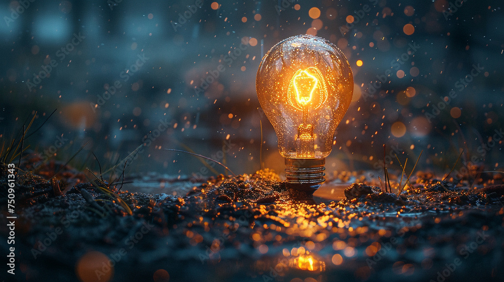 Witness the birth of groundbreaking ideas as a luminous light bulb emerges from a sea of darkness, its brilliance symbolizing the power of innovation - obrazy, fototapety, plakaty 