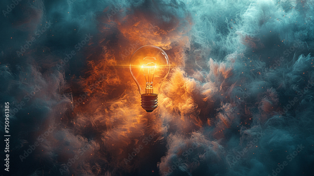 Fototapeta premium Illuminate your imagination with a captivating image of a glowing light bulb surrounded by swirling clouds of creativity and innovation