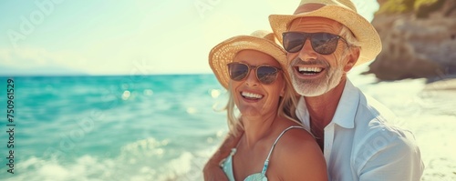Happy couple enjoying on beach in sunny day.