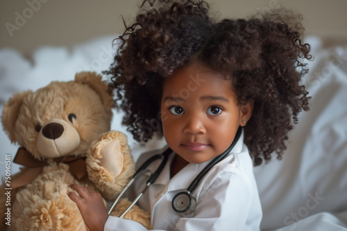Cute curly haired black African-American girl with stethoscope and toy bear playing at home photo