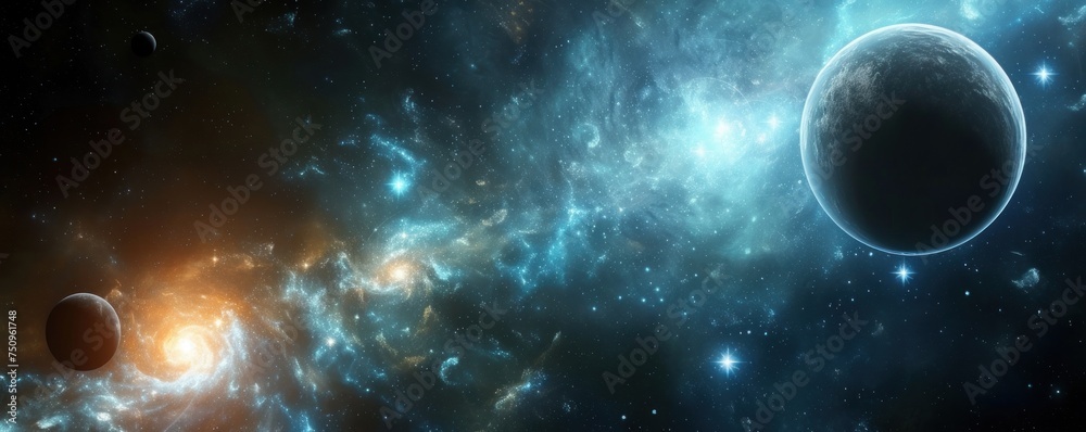 View of planet in space galaxy and stars in bacground.