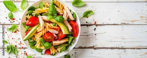 Fresh chicken meat with pasta salad, tomato and basil on white wooden board. photo