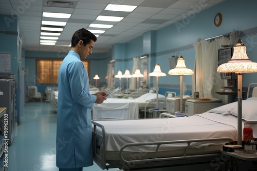 A doctor stands by empty hospital beds in a somewhat futuristic hospital ward.