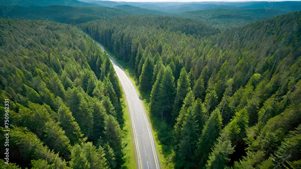 Aerial bird's eye view of a forest road surrounded by lush greenery.Generative AI