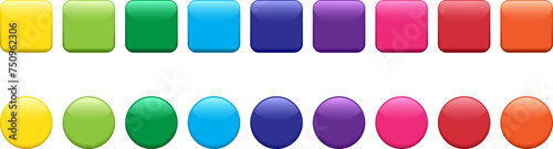 Glossy button vector icon, glass web badge, color rainbow 3d bubble isolated on white background. Color gradient pin set. Rounded shiny illustration