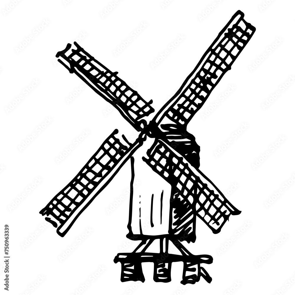 Windmill. Hand drawn linear doodle rough sketch. Black and white silhouette. Windmill. Hand drawn linear doodle rough sketch. Black and white silhouette.