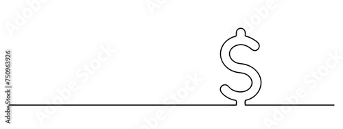 dollar sign continuous one line drawing, american currency lineart, black line vector illustration, editable stroke, panoramic design element