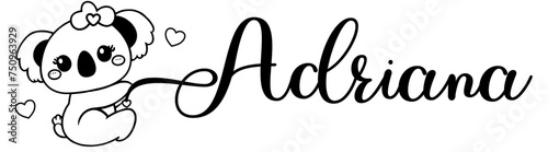 Adriana - black color - name written - Word with Koala kawaii for websites, baby shower, greetings, banners, cards, t-shirt, sweatshirt, prints, cricut, silhouette, sublimation	