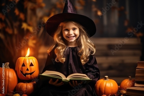 Halloween Little Witch with a Magic Book, Small Girl, Kids in Halloween Hat, Witch Hats