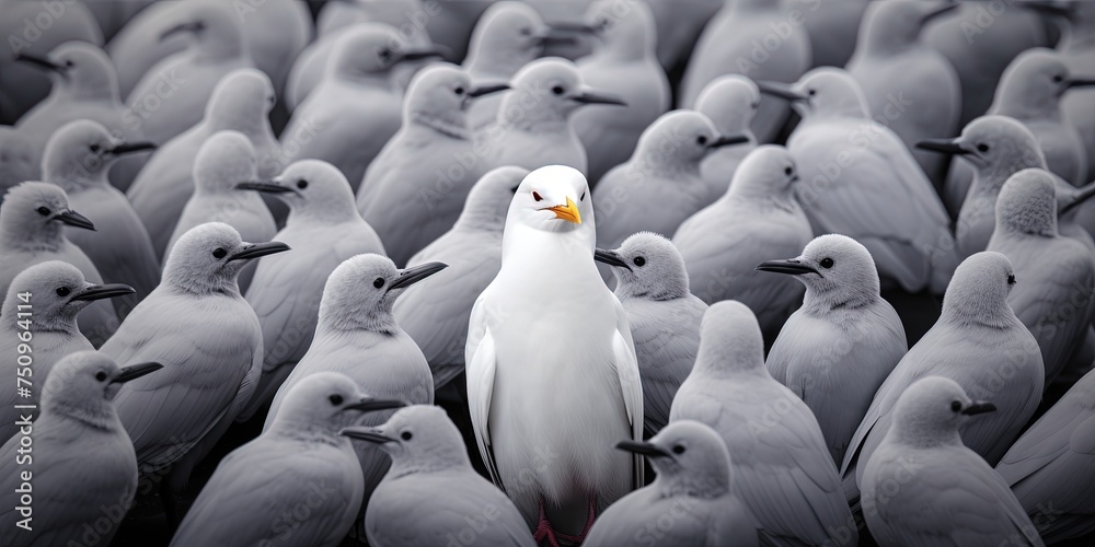 Obraz premium Standing out from the crowd , white bird standing between man gray birds