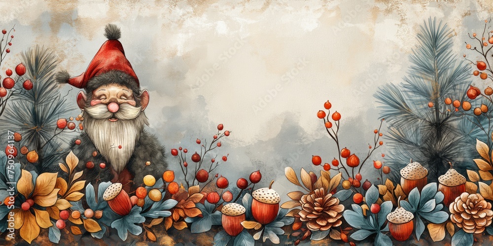 Christmas holiday and winter season marketing background, horizontal rectangle banner with a dwarf, a fir tree, and acorns, elaborate borders, copy space, high details,wimscal
 - obrazy, fototapety, plakaty 