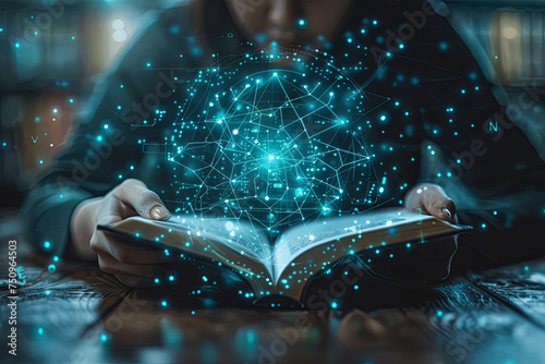 Woman is reading a book from which a magical glow or cyber imaginary space emanates. The concept of astrology or fantasy when reading a book