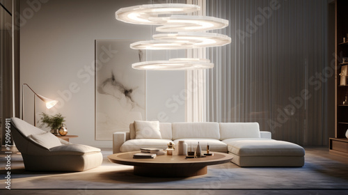 A sleek living area illuminated by a stunning statement lighting fixture that stands out from the decor