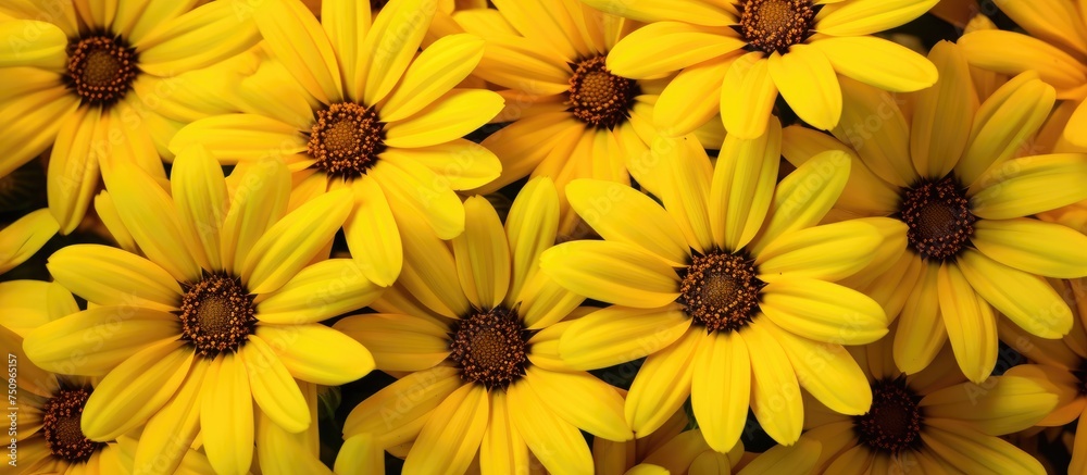 A close-up view of a bunch of wild yellow daisies with striking brown centers, showcasing their natural beauty and vivid colors. A close-up view of a bunch of wild yellow daisies with striking brown centers, showcasing their natural beauty and vivid colors.