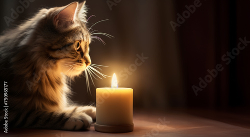 Fluffy cat in the warm glow of a candle, curiously looks next to the flickering flame, copy space.
