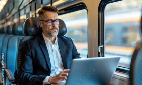 A businessman is travelling in a train while working on a laptop