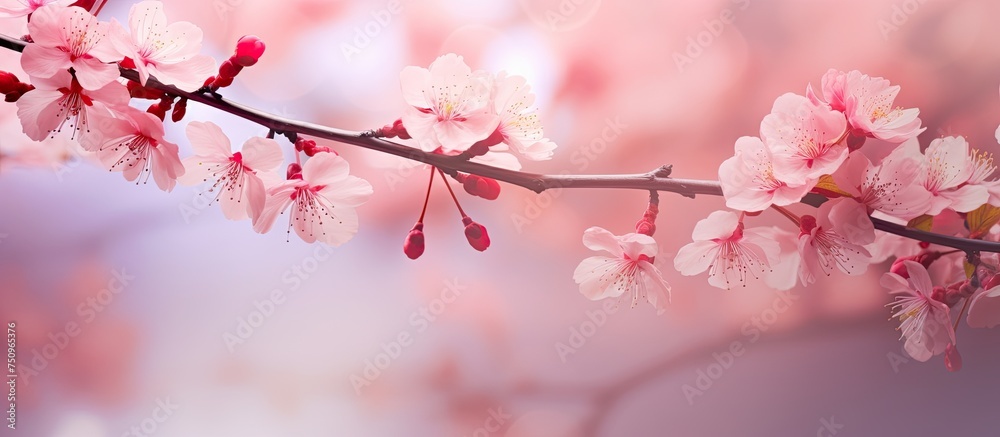 A branch of a cherry tree with vibrant pink flowers blooming against a soft focus background. The delicate petals contrast beautifully with the dark branches, creating a stunning display of natures A branch of a cherry tree with vibrant pink flowers blooming against a soft focus background. The delicate petals contrast beautifully with the dark branches, creating a stunning display of natures