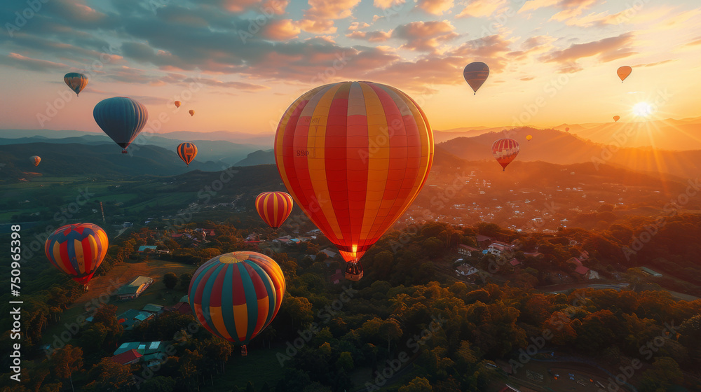 Fototapeta premium Colorful hot-air balloons flying over the mountain.