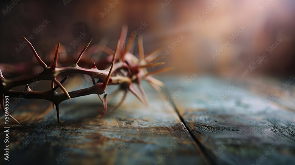 A close-up of a crown of thorns gently placed on a vintage wooden table, with a backdrop of soft, diffused light that symbolizes the solemnity of Good Friday