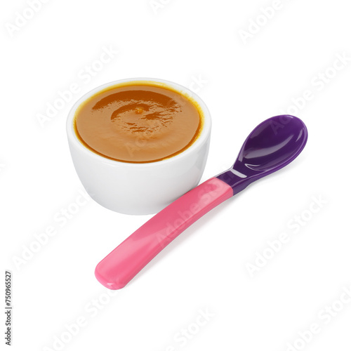 Bowl with healthy baby food and spoon isolated on white