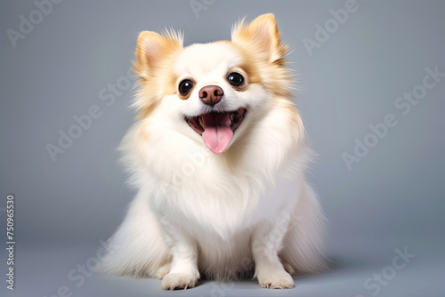 A small dog is sitting on a colored background