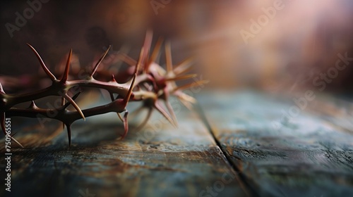 A close-up of a crown of thorns gently placed on a vintage wooden table, with a backdrop of soft, diffused light that symbolizes the solemnity of Good Friday