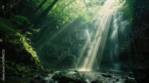 A beautiful waterfall in the middle of a lush green forest. Perfect for nature and travel themes