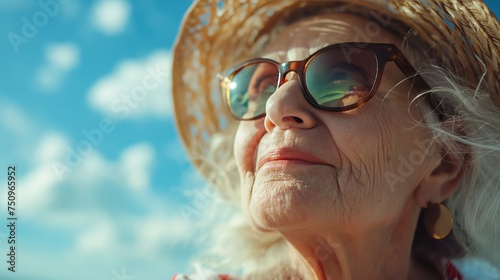 Old grandmother in sunglasses and a straw summer hat enjoys summer sunny hot days and holidays, vacation and travel