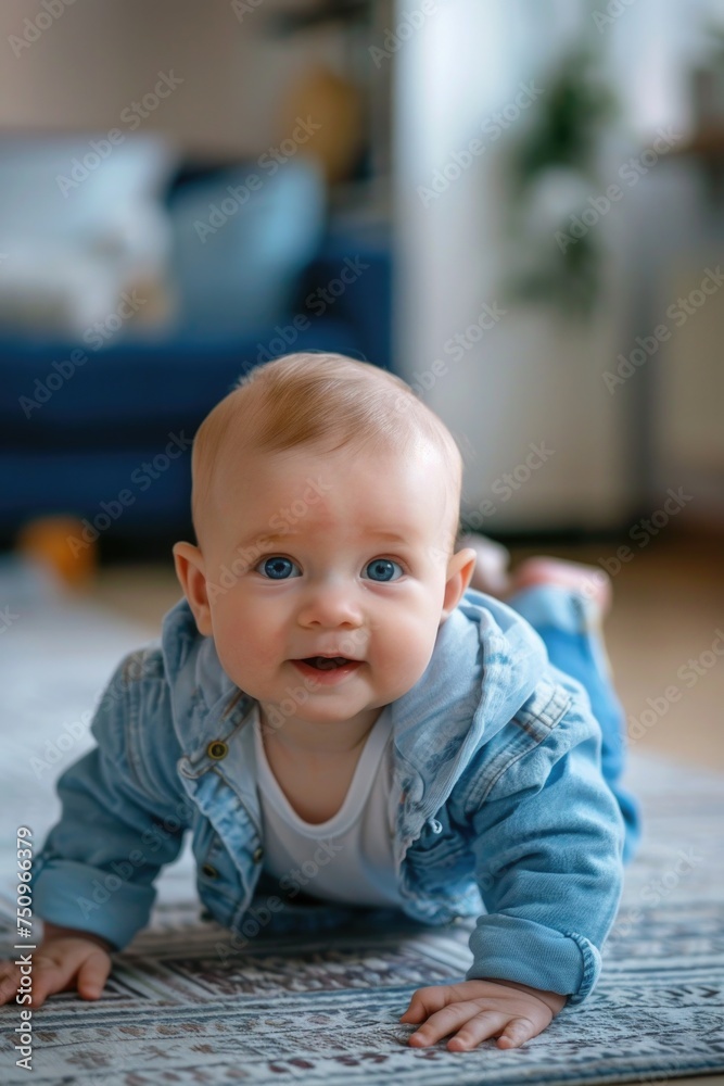 A baby crawling on a colorful rug. Perfect for parenting blogs or baby product advertisements
